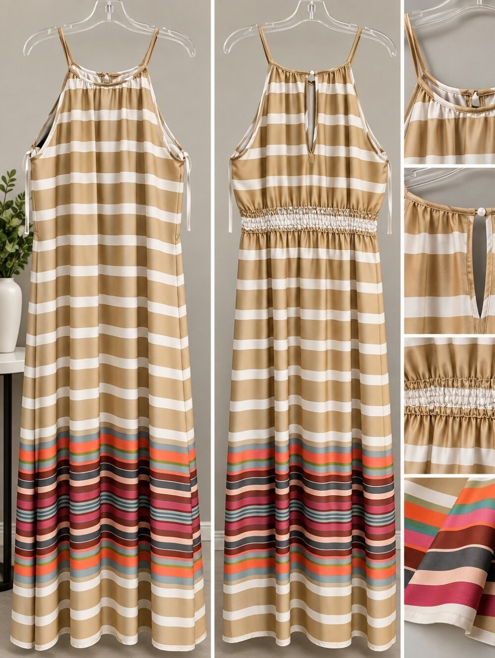 Daniel Cremieux Beige and White Striped Halter Maxi with Multicolor Hem